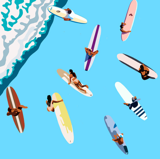 Beyond the Break by Ilana McBain, contemporary surf artwork showing surfers from above in blue ocean water