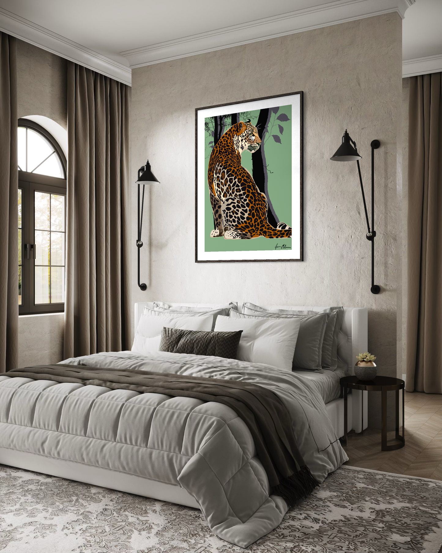 Born to Be Bold leopard fine art print by Ilana McBain displayed above a bed in a modern bedroom interior.