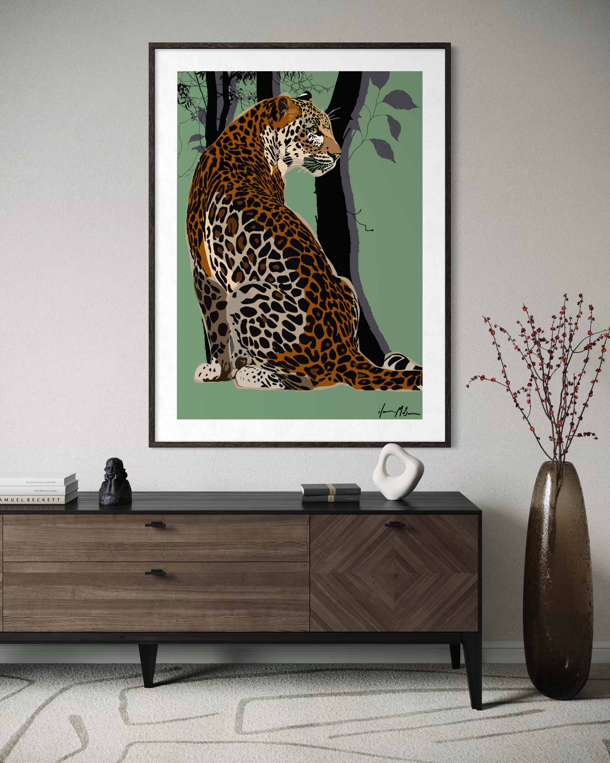Born to Be Bold leopard wall art by Australian artist Ilana McBain displayed in a contemporary living room interior.