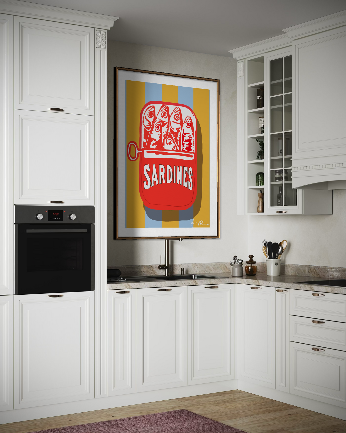 Can of Sardines Gold pop art by Ilana McBain displayed as colourful kitchen wall art in contemporary interior.