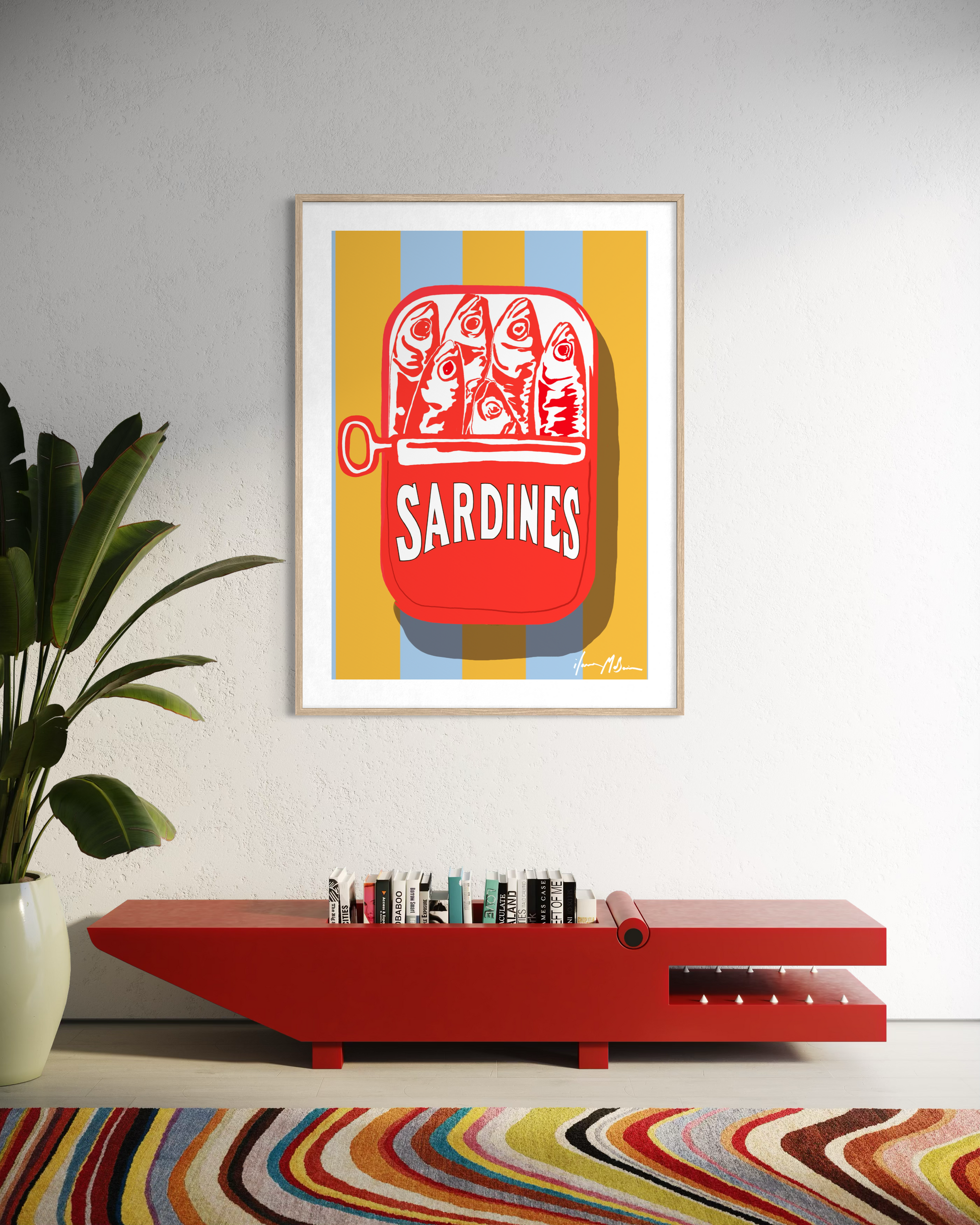 Can of Sardines Gold pop art by Ilana McBain displayed as colourful contemporary wall art in modern interior.