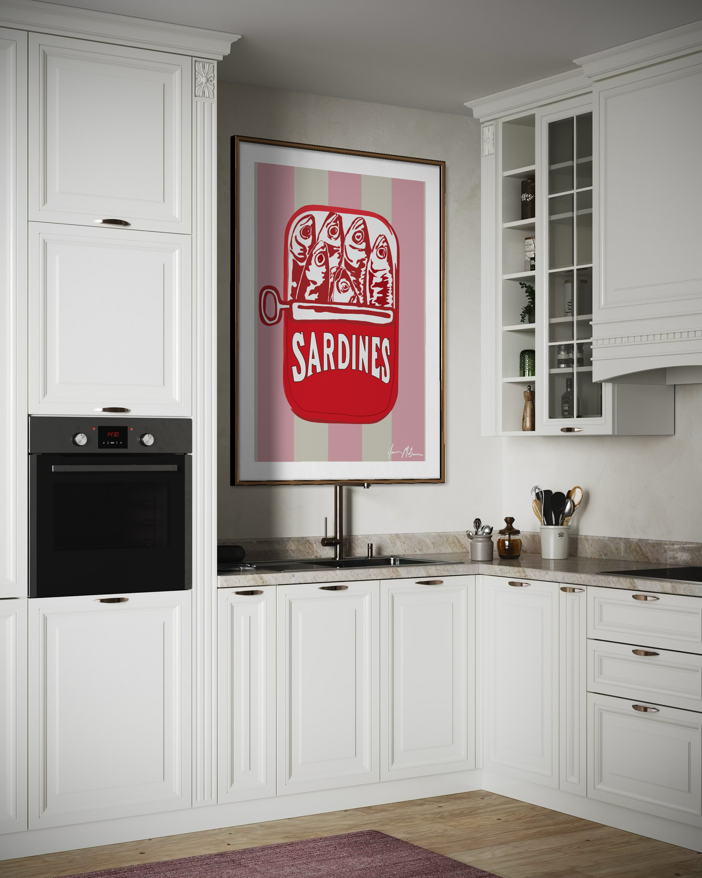 Can of Sardines Rose pop art by Ilana McBain displayed as colourful kitchen wall art in contemporary interior.