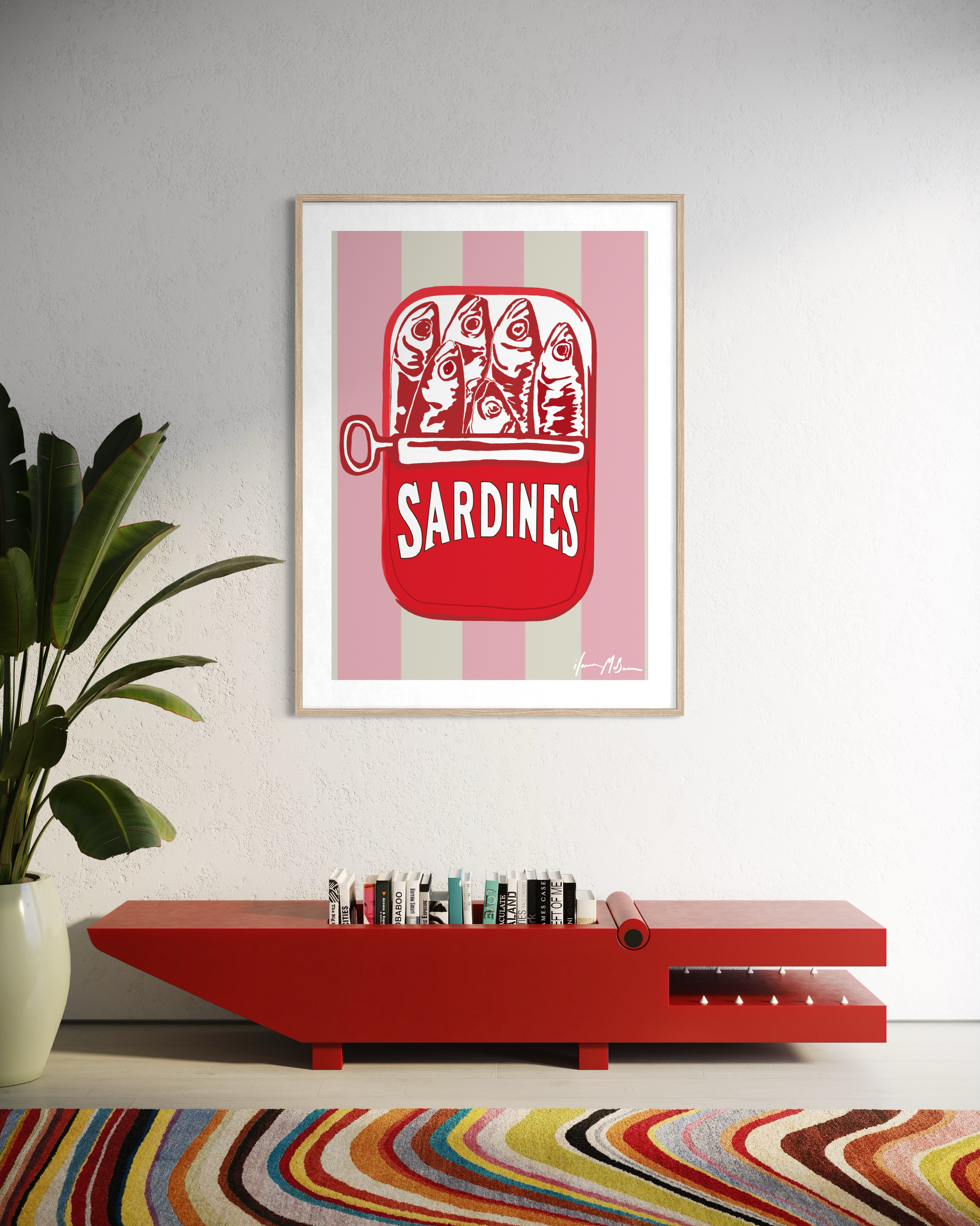 Can of Sardines Rose pop art by Ilana McBain displayed as colourful contemporary wall art in modern interior.