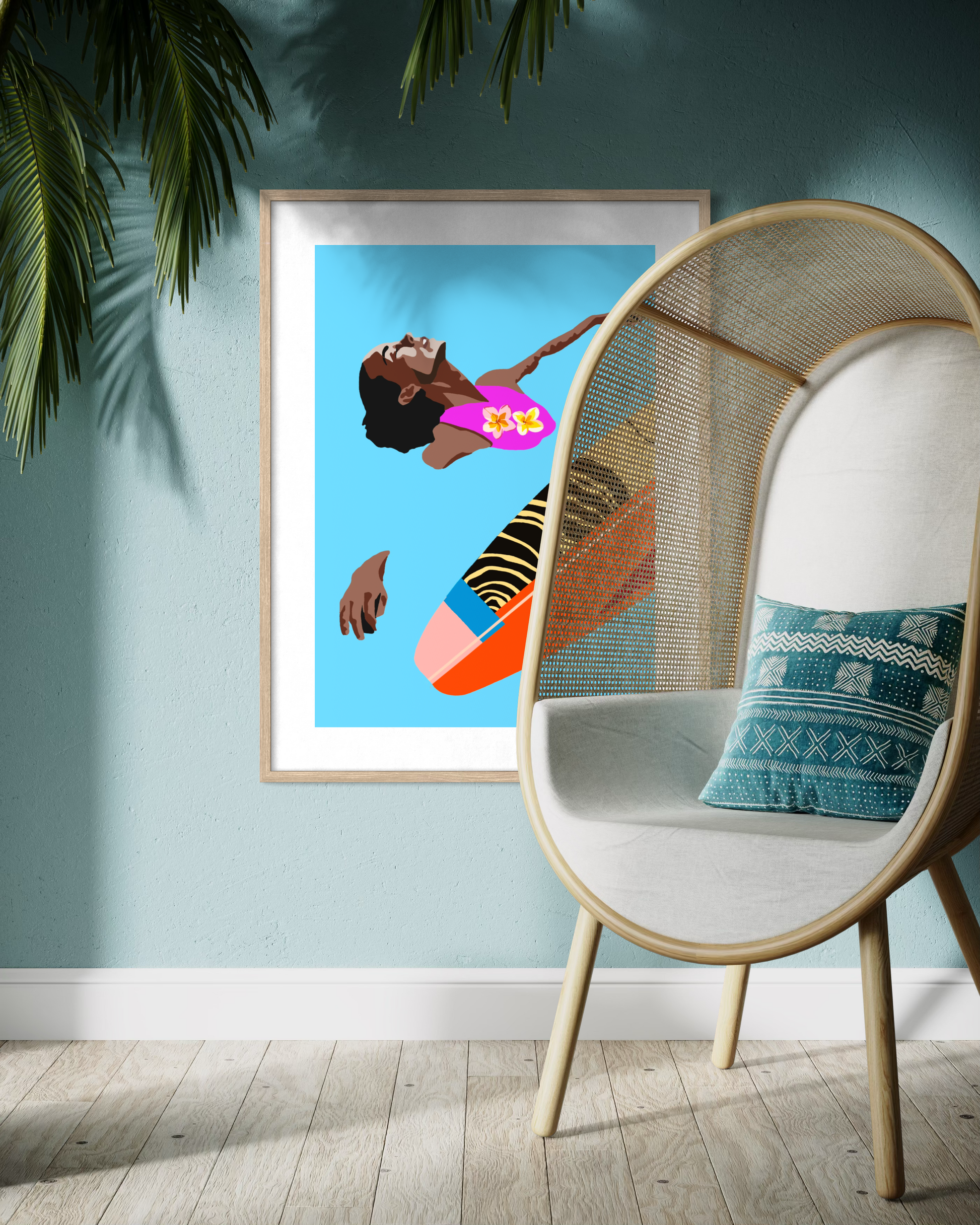 Contemporary surf lifestyle pop art by Australian artist Ilana McBain depicting a surfer girl relaxing beside a colourful surfboard displayed as modern coastal wall decor.