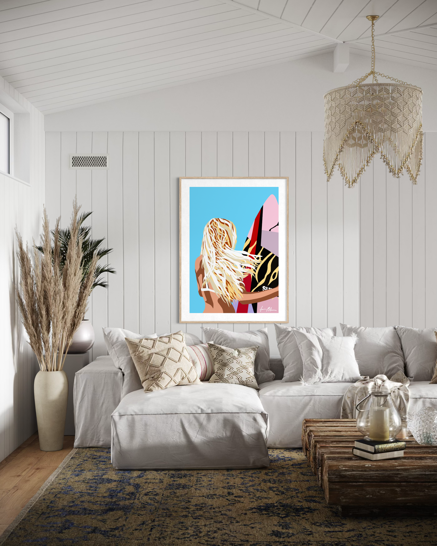 Surf lifestyle pop art by Australian artist Ilana McBain showing a surfer girl holding a colourful surfboard displayed as modern coastal wall decor.