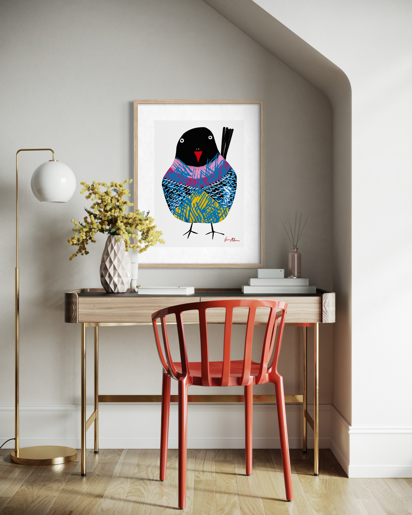 Contemporary colourful bird artwork by Australian artist Ilana McBain displayed as framed pop art wall art above a modern home office desk.