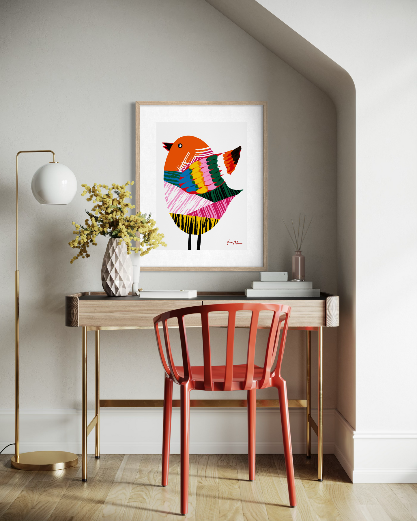 Contemporary colourful bird artwork by Australian artist Ilana McBain displayed as framed pop art wall print above a modern home office desk.