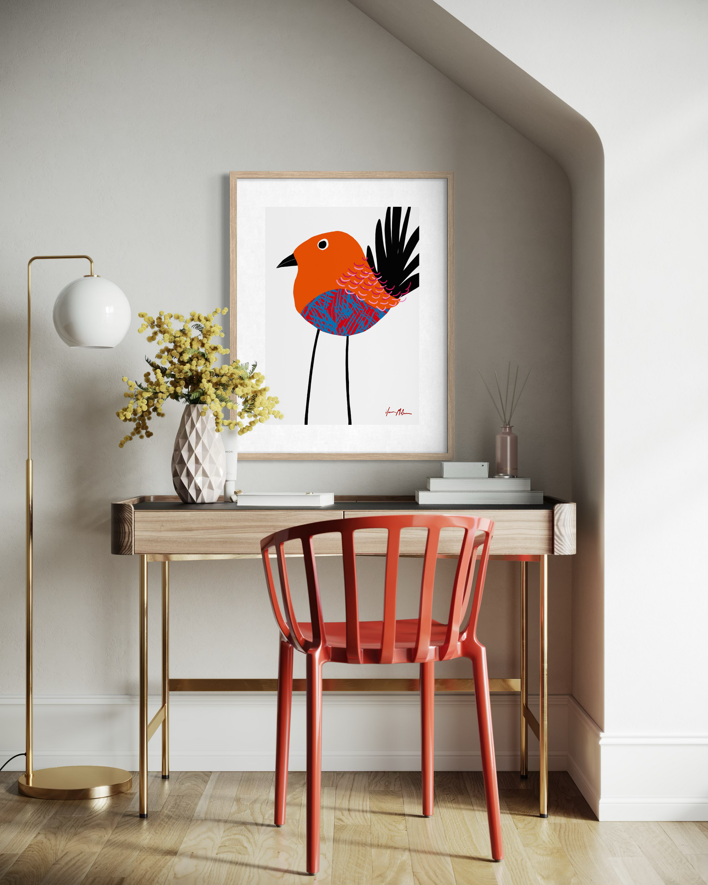 Contemporary colourful bird artwork by Australian artist Ilana McBain displayed as framed pop art wall print above a modern home office desk.