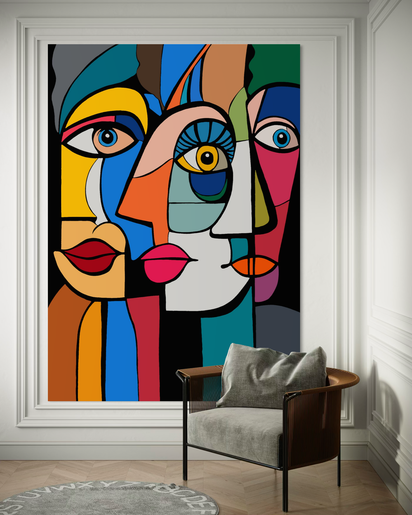 Connections in Forms contemporary abstract faces painting by Ilana McBain from the Forms of Connections series, colourful geometric pop art portrait displayed as a large statement artwork in an elegant gallery-style interior.