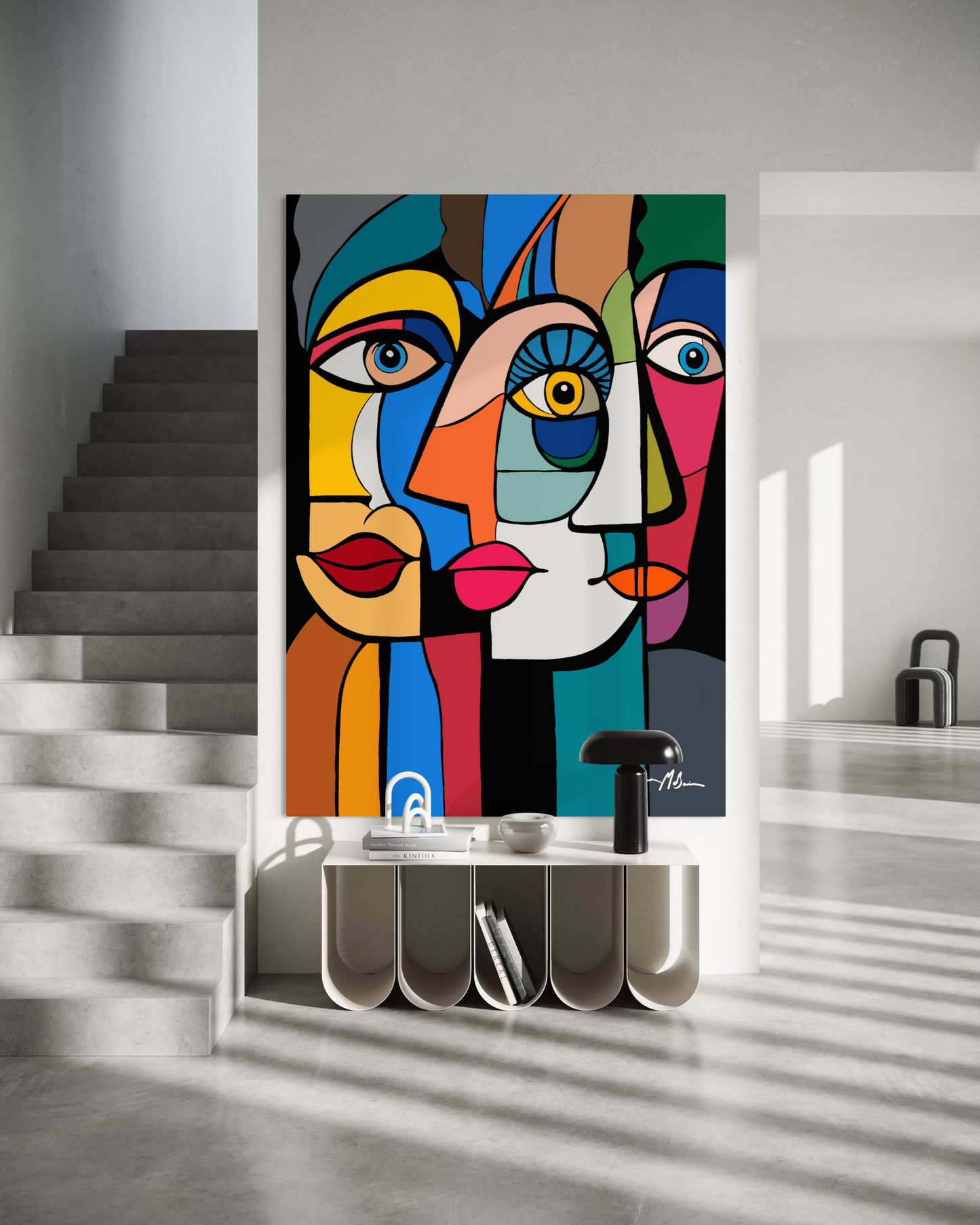 Connections in Forms contemporary abstract faces painting by Ilana McBain from the Forms of Connections series, colourful geometric pop art portrait displayed as large statement wall art in a modern architectural interior.