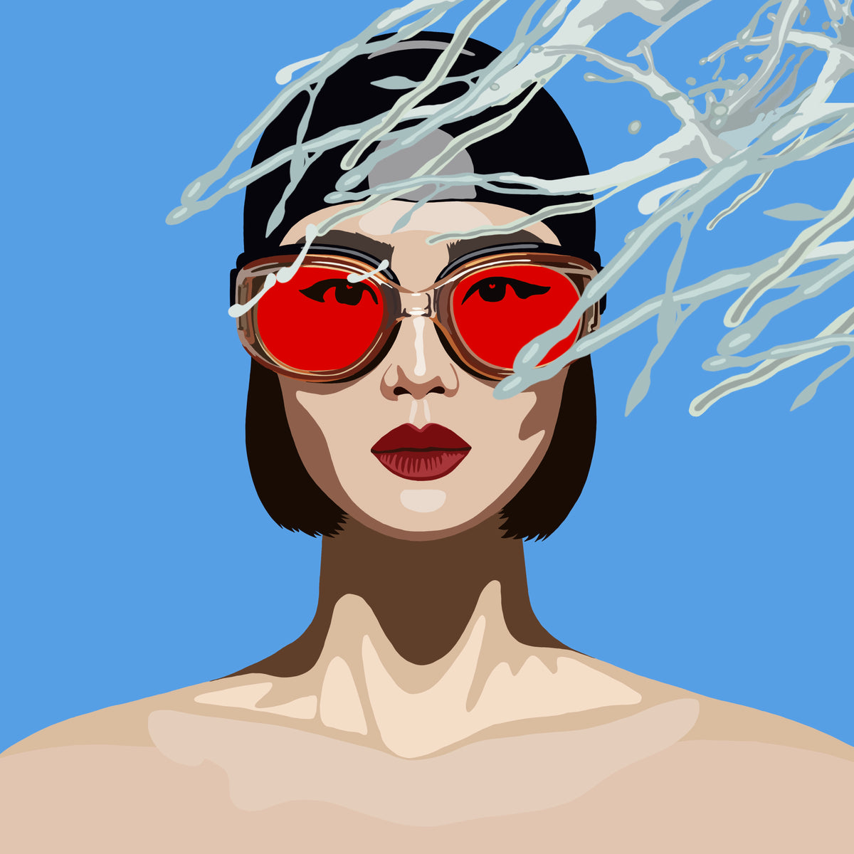 Crimson Perspective by Ilana McBain, contemporary figurative art featuring a woman diver in red sunglasses against a vivid blue background with splashing water.