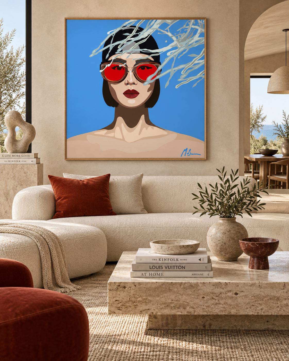 Crimson Perspective by Ilana McBain displayed in a warm modern dining room with timber furniture, stone finishes and natural light.