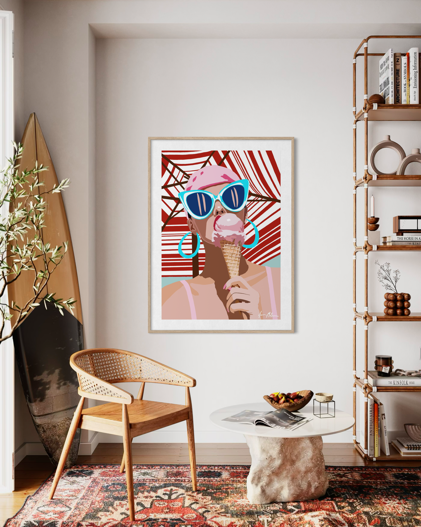 Fashion pop art artwork by Australian artist Ilana McBain showing a stylish woman with sunglasses eating an ice cream displayed as modern pop art wall decor.