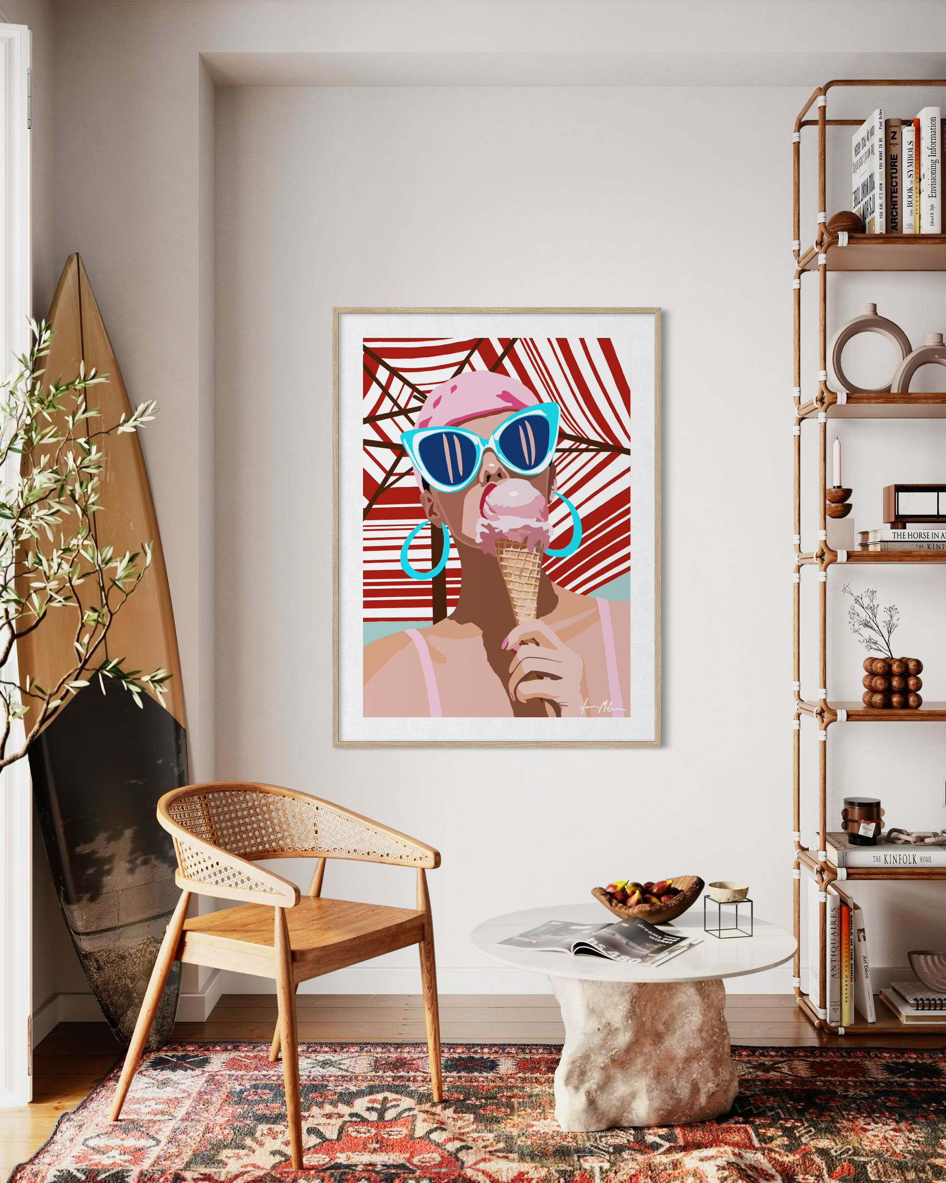 Fashion pop art artwork by Australian artist Ilana McBain showing a stylish woman with sunglasses eating an ice cream displayed as modern pop art wall decor.