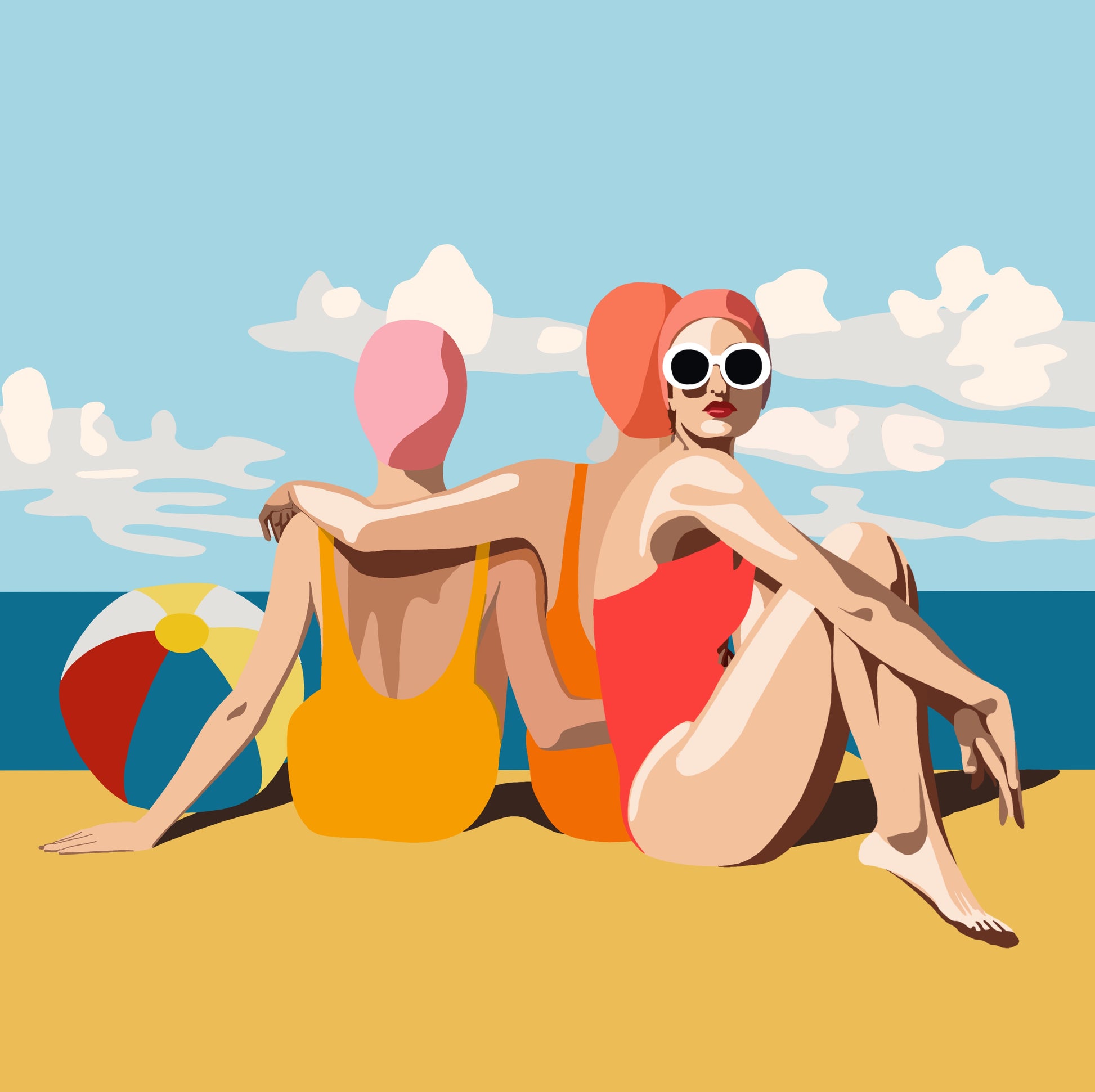 Girlfriends on the Beach by Ilana McBain, contemporary beach artwork of three women sitting together by the sea