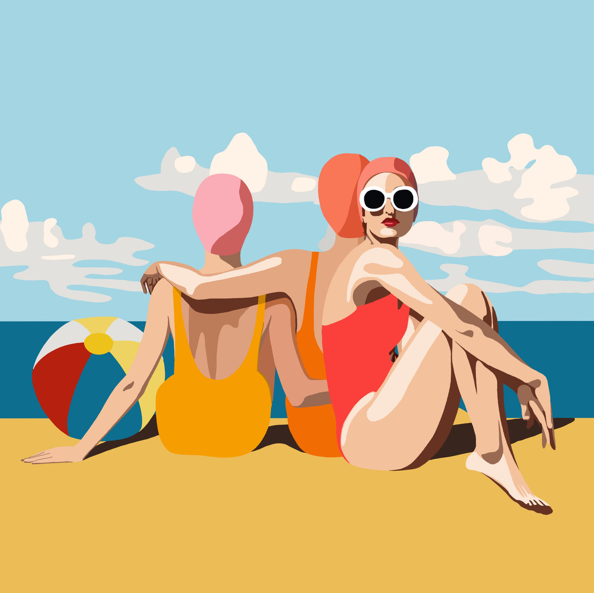 Girlfriends on the Beach by Ilana McBain, contemporary beach artwork of three women sitting together by the sea