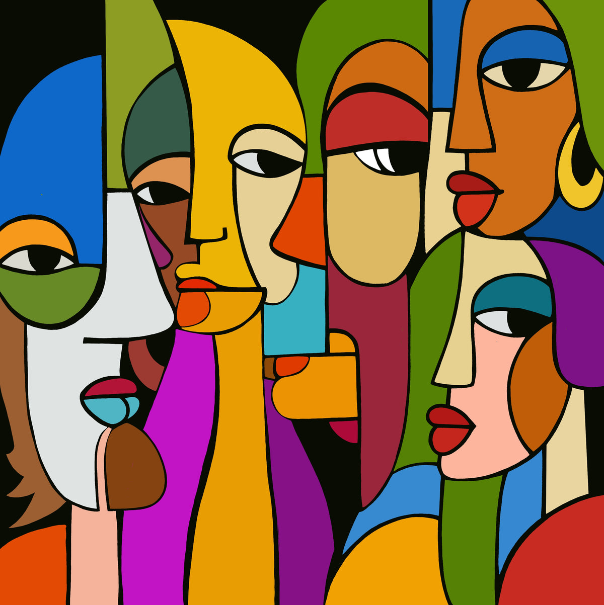 Held Gaze by Ilana McBain, contemporary abstract figurative art featuring expressive faces in bold blue, yellow, green, orange and red.