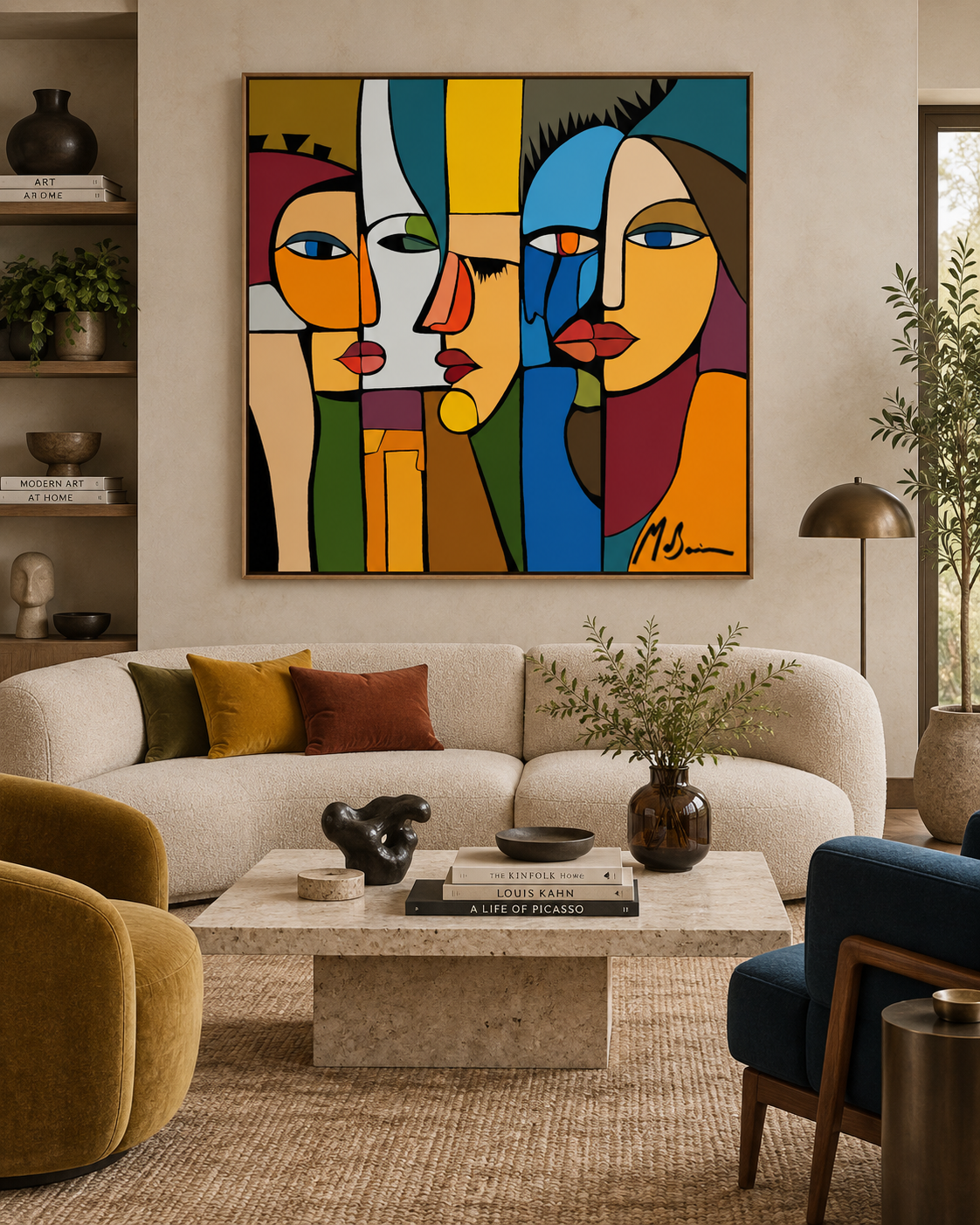 Held Gaze by Ilana McBain displayed in a contemporary living room with sculptural furniture, warm neutrals and bold colour accents.