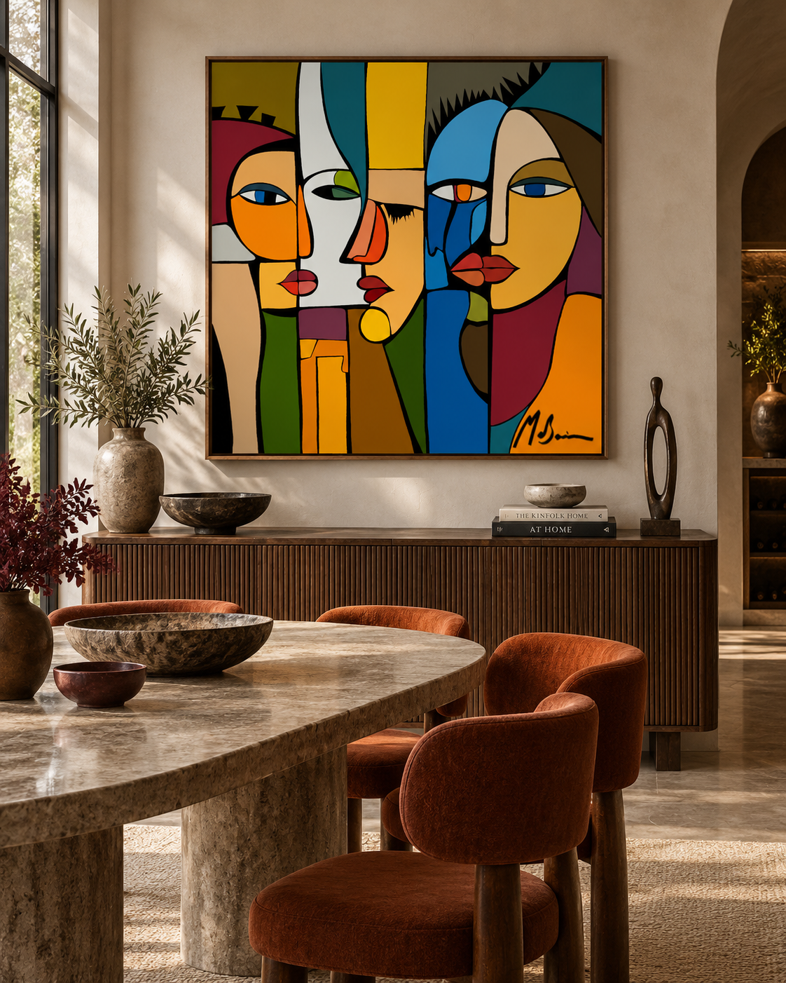 Held Gaze by Ilana McBain displayed in a warm modern dining room with timber furniture, stone surfaces and natural light.