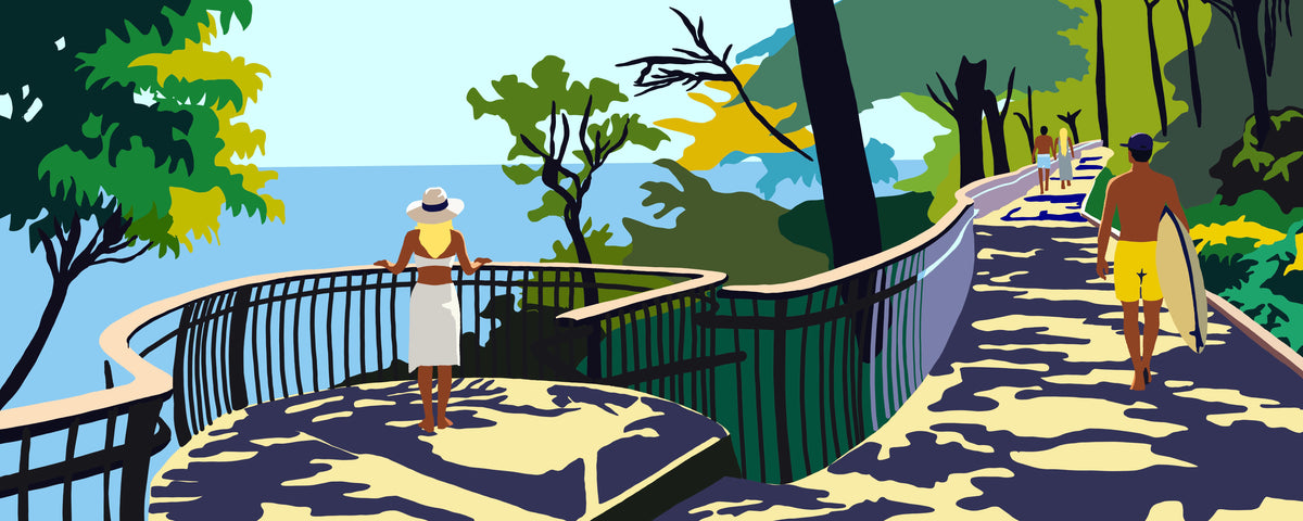 Into the Headland by Ilana McBain, contemporary artwork of the coastal walkway into Noosa National Park with surfers and ocean views