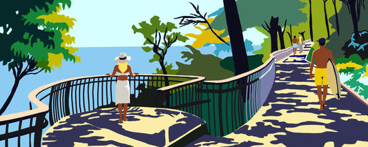 Into the Headland by Ilana McBain, contemporary artwork of the coastal walkway into Noosa National Park with surfers and ocean views