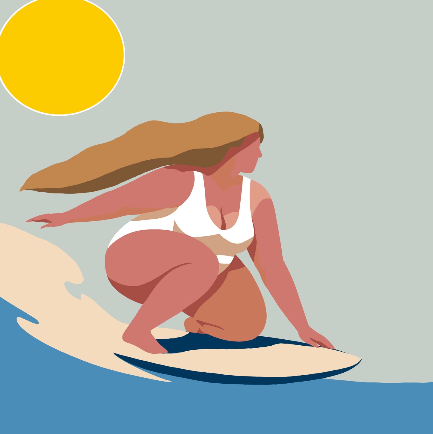 Into the Surf by Ilana McBain, contemporary surf artwork of a woman riding a wave beneath a yellow sun