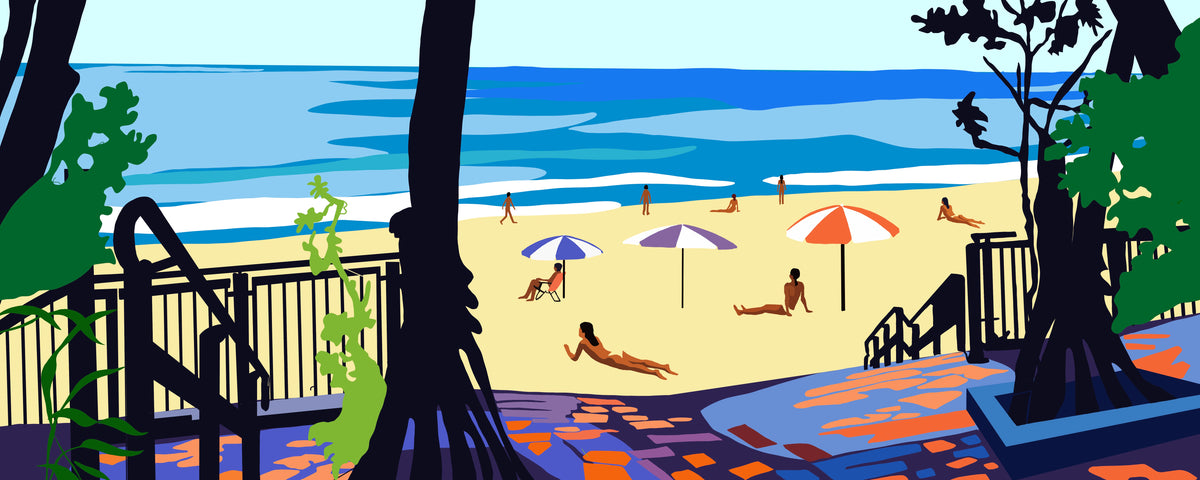 Little Cove by Ilana McBain, contemporary coastal artwork depicting the shaded path and steps opening onto Little Cove Beach in Noosa, with ocean, umbrellas and sunbathers.