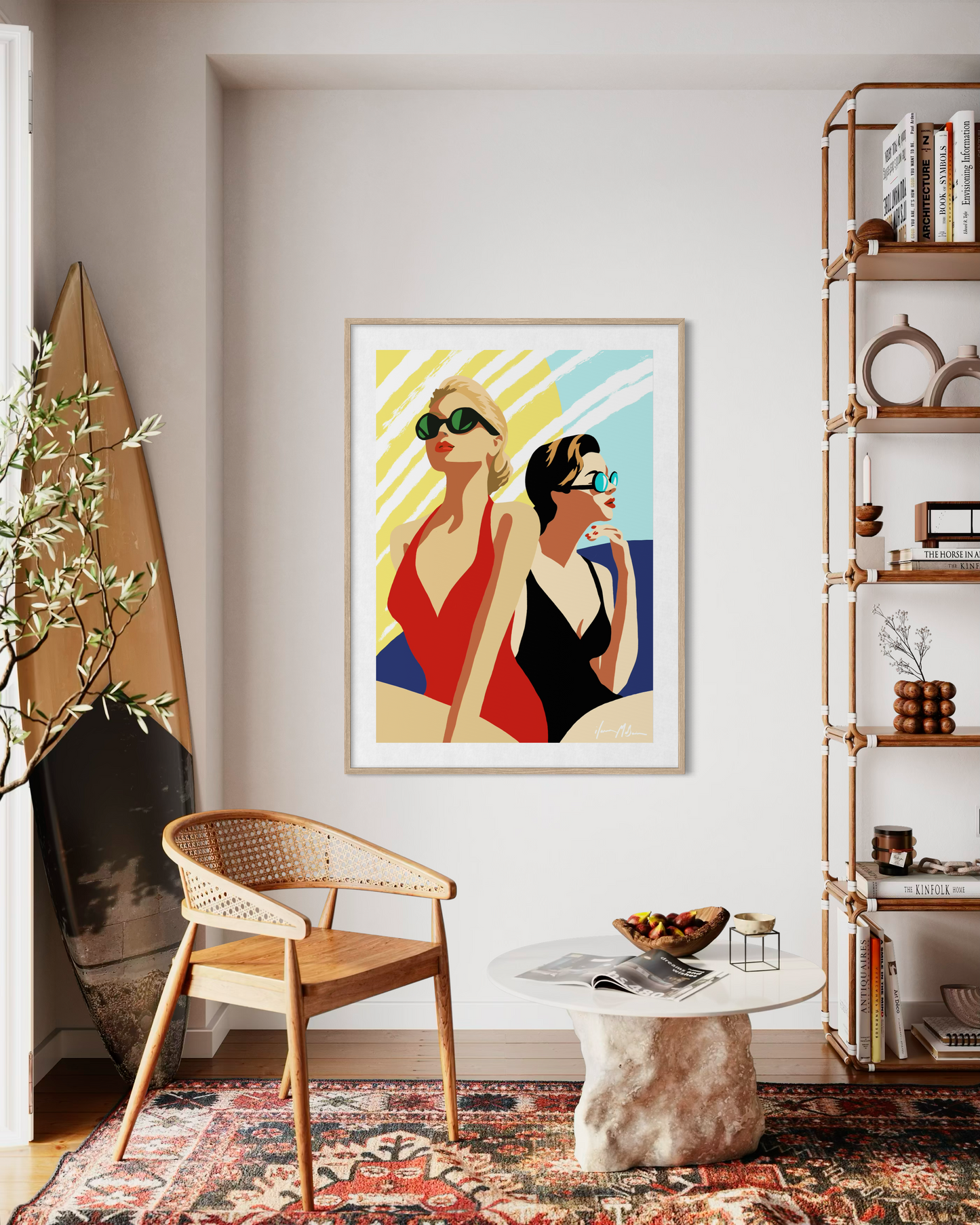 Interior mockup featuring Ilana McBain’s contemporary pop art artwork inspired by vintage beach fashion and coastal summer style.
