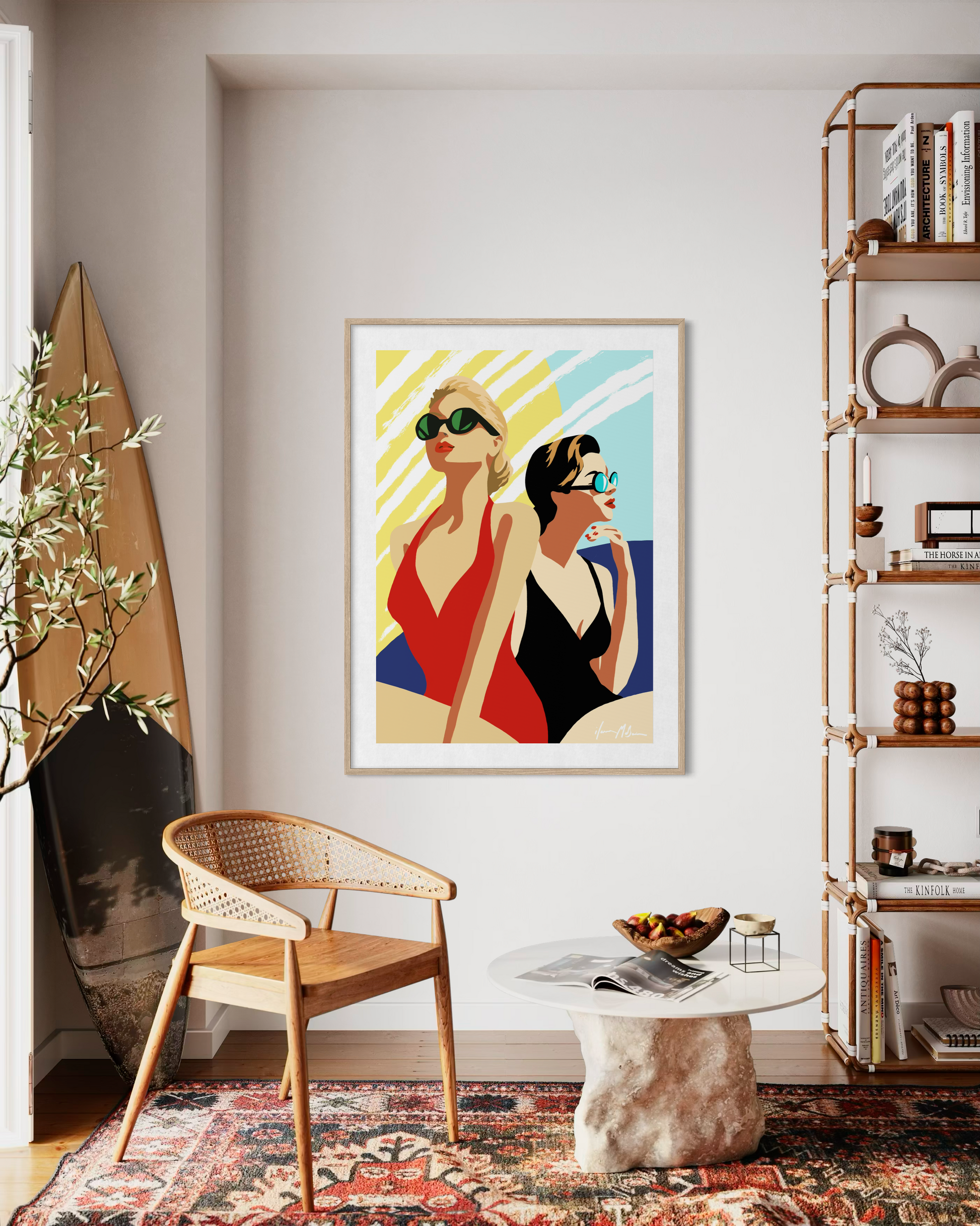 Interior mockup featuring Ilana McBain’s contemporary pop art artwork inspired by vintage beach fashion and coastal summer style.

