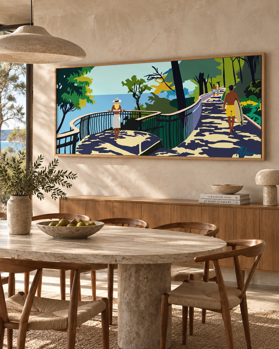 Ilana McBain Noosa coastal artwork featuring the National Park walkway and surfer, displayed in a bright contemporary coastal living room.