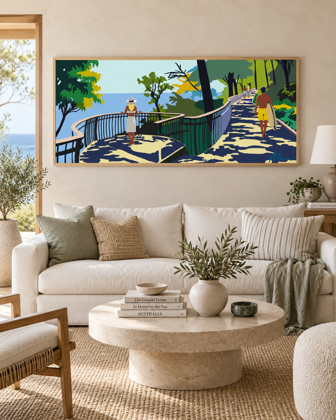 Ilana McBain coastal artwork of the Noosa National Park walkway displayed in a warm modern dining room with timber furniture and natural light.