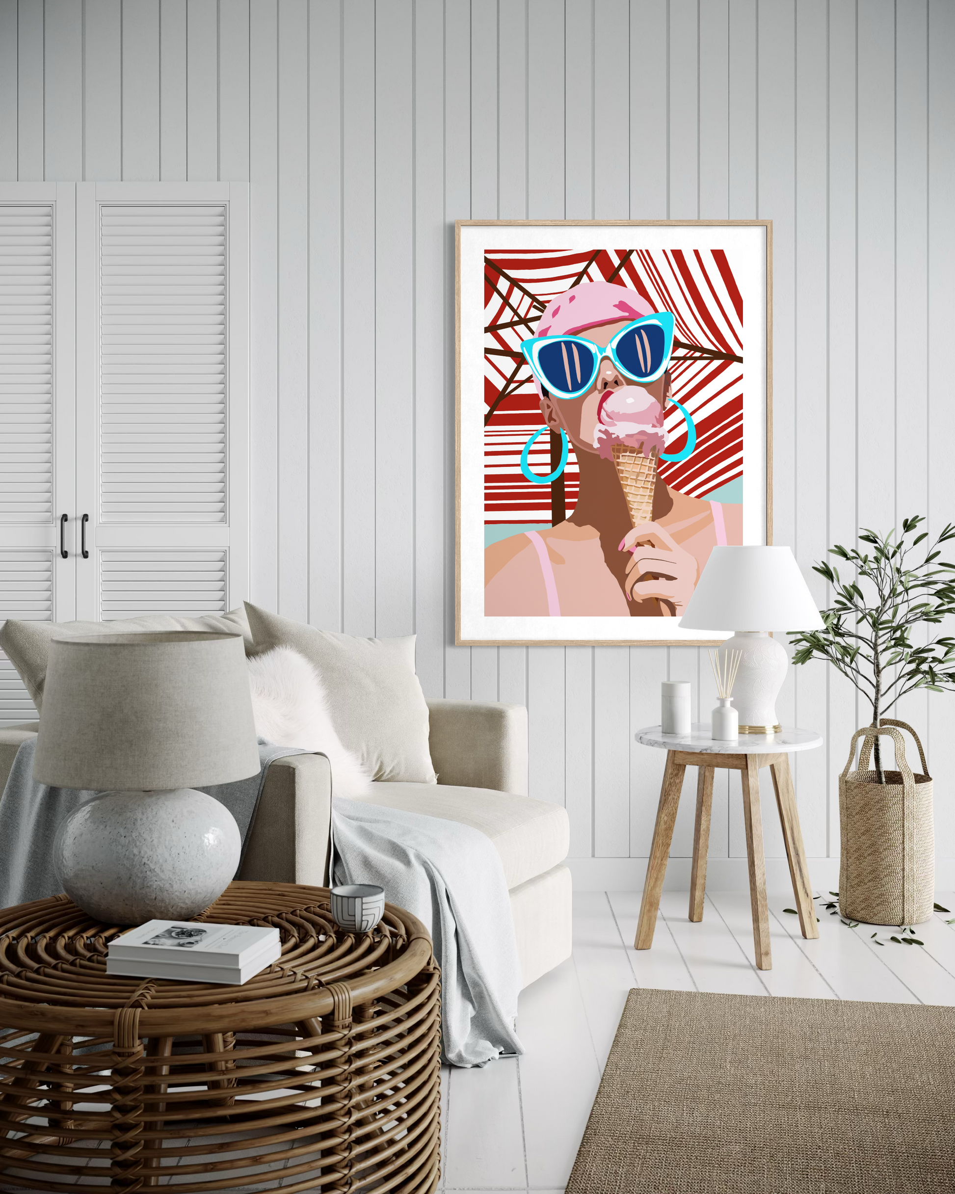 Contemporary pop art by Australian artist Ilana McBain featuring a stylish woman wearing sunglasses eating an ice cream displayed as framed modern wall art in a bright living room.