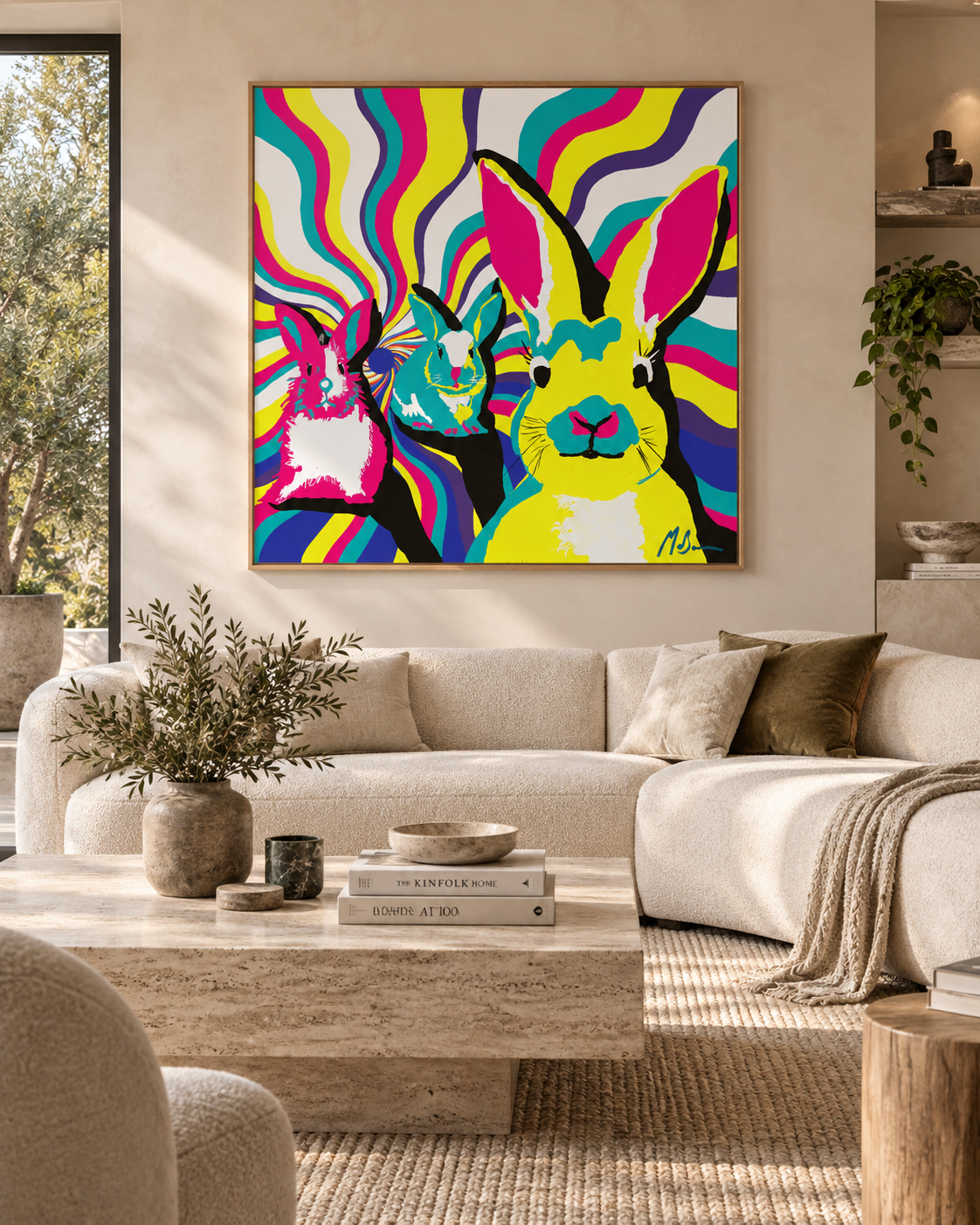 Rabbit Hole by Ilana McBain displayed in a contemporary living room with sculptural neutral furniture, natural textures and warm sunlight.