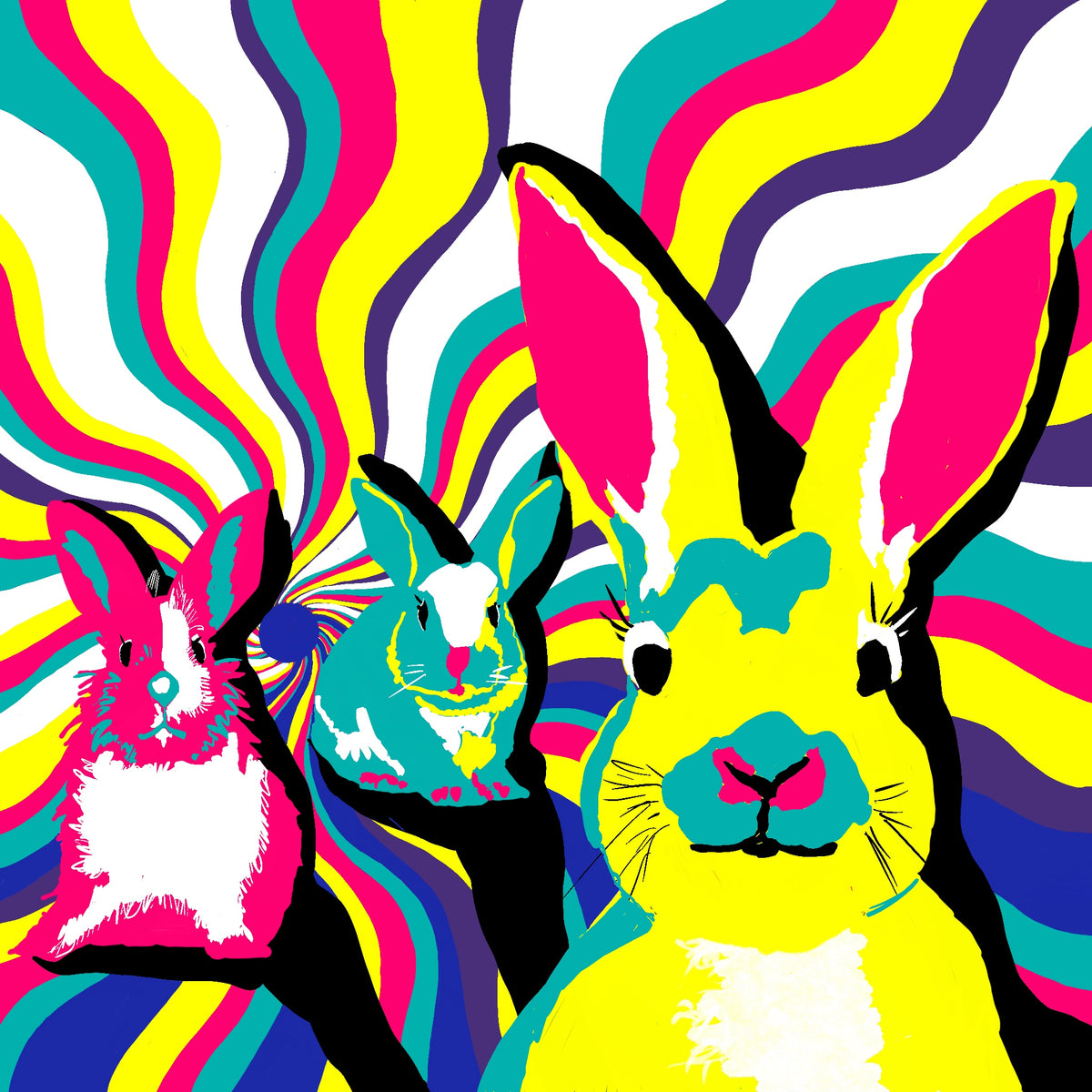 Rabbit Hole by Ilana McBain, colourful contemporary rabbit artwork featuring three expressive rabbits against bold swirling pink, yellow, teal and purple forms.