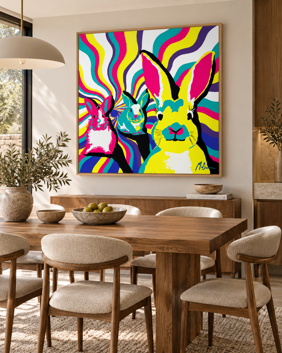 Rabbit Hole by Ilana McBain displayed in a modern dining room with warm timber furniture, neutral upholstery and natural light