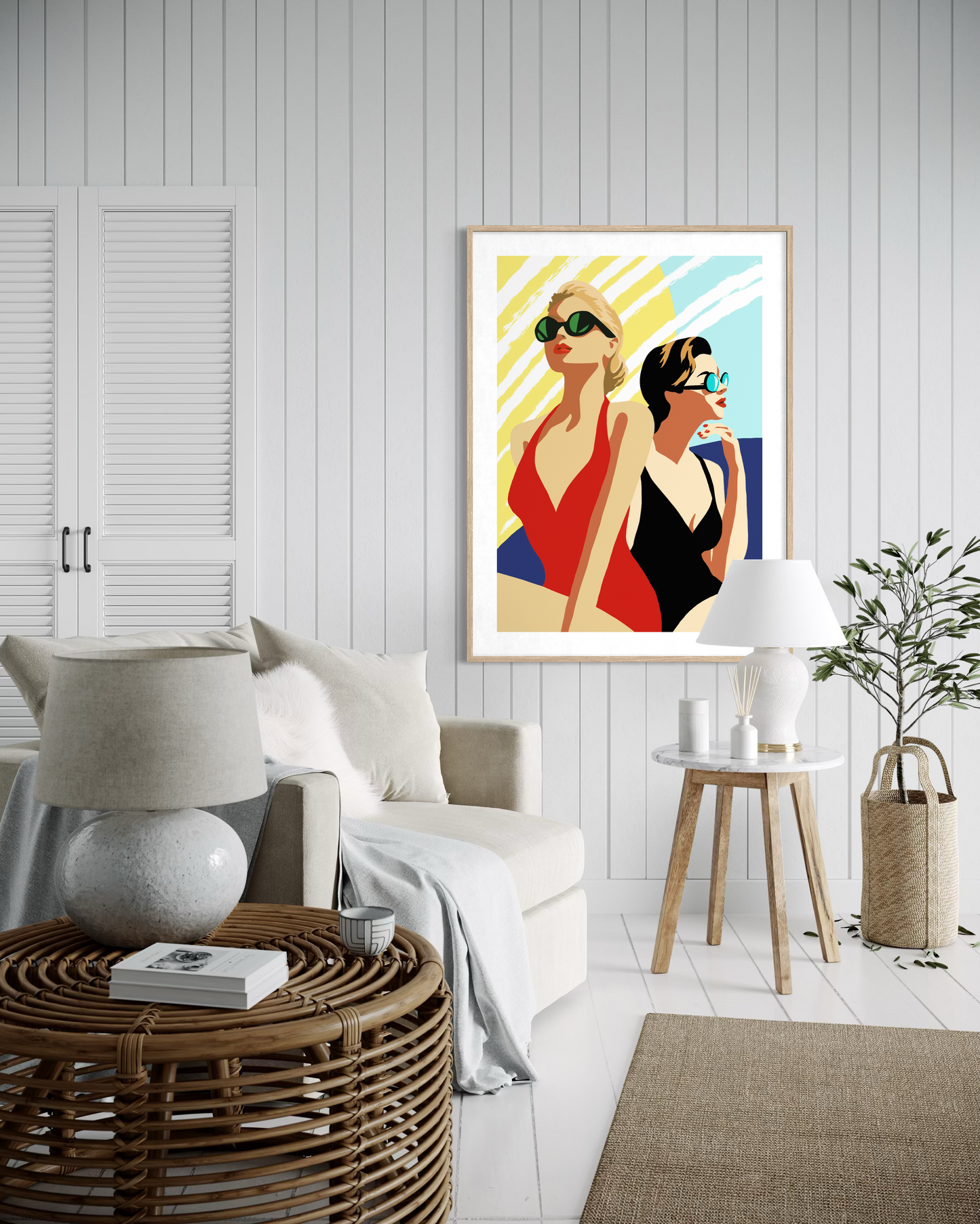 Retro beach pop art by Australian artist Ilana McBain featuring two women in vintage swimwear and sunglasses displayed as contemporary coastal wall art in modern interior.