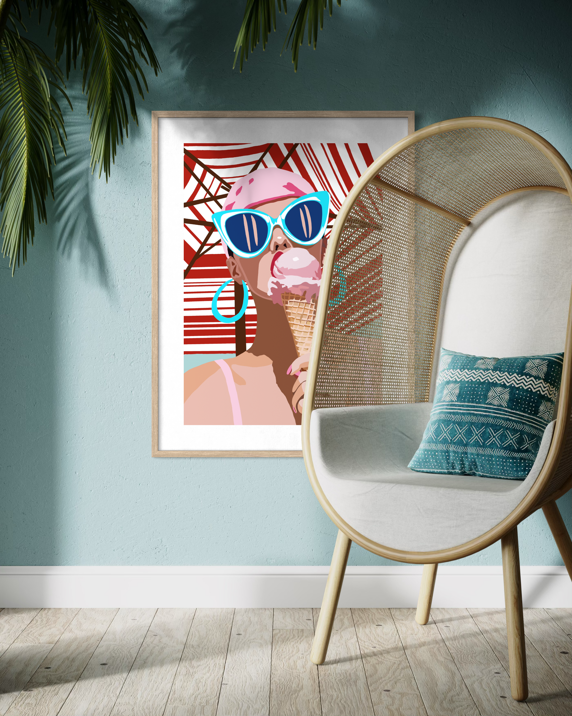 Retro summer pop art by Australian artist Ilana McBain featuring a woman wearing sunglasses enjoying an ice cream displayed as contemporary wall art in tropical interior.