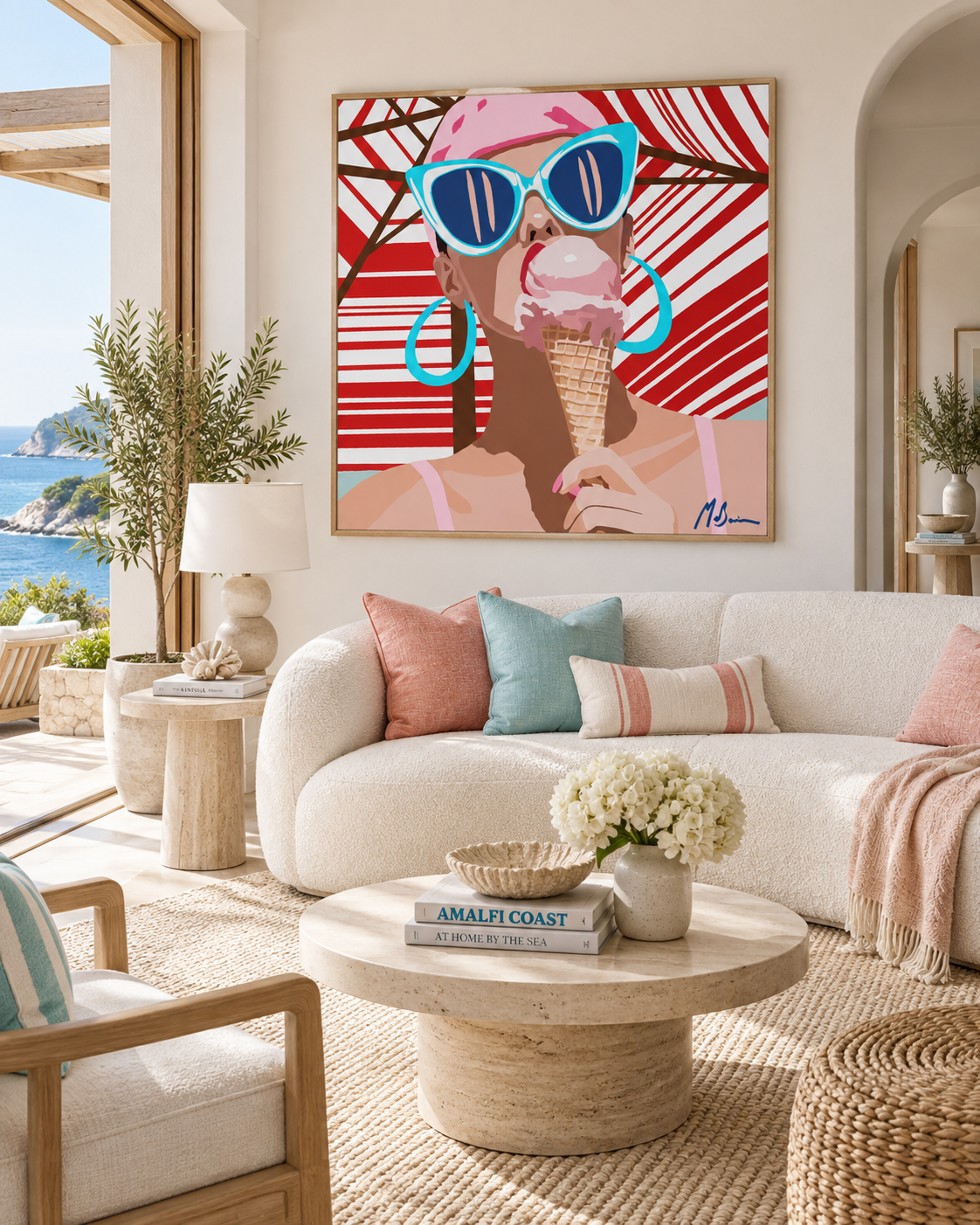 Salt, Sugar and the Sea by Ilana McBain displayed in a bright contemporary coastal living room with ocean views and soft neutral furnishings.