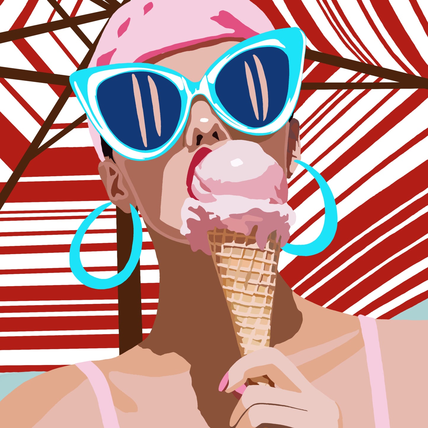 Salt, Sugar and the Sea by Ilana McBain, contemporary coastal artwork of a woman with ice cream beneath striped beach umbrella