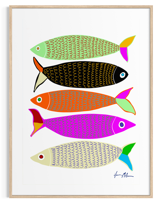 Sardines Chic colourful fish fine art print by Ilana McBain on museum quality cotton rag paper.