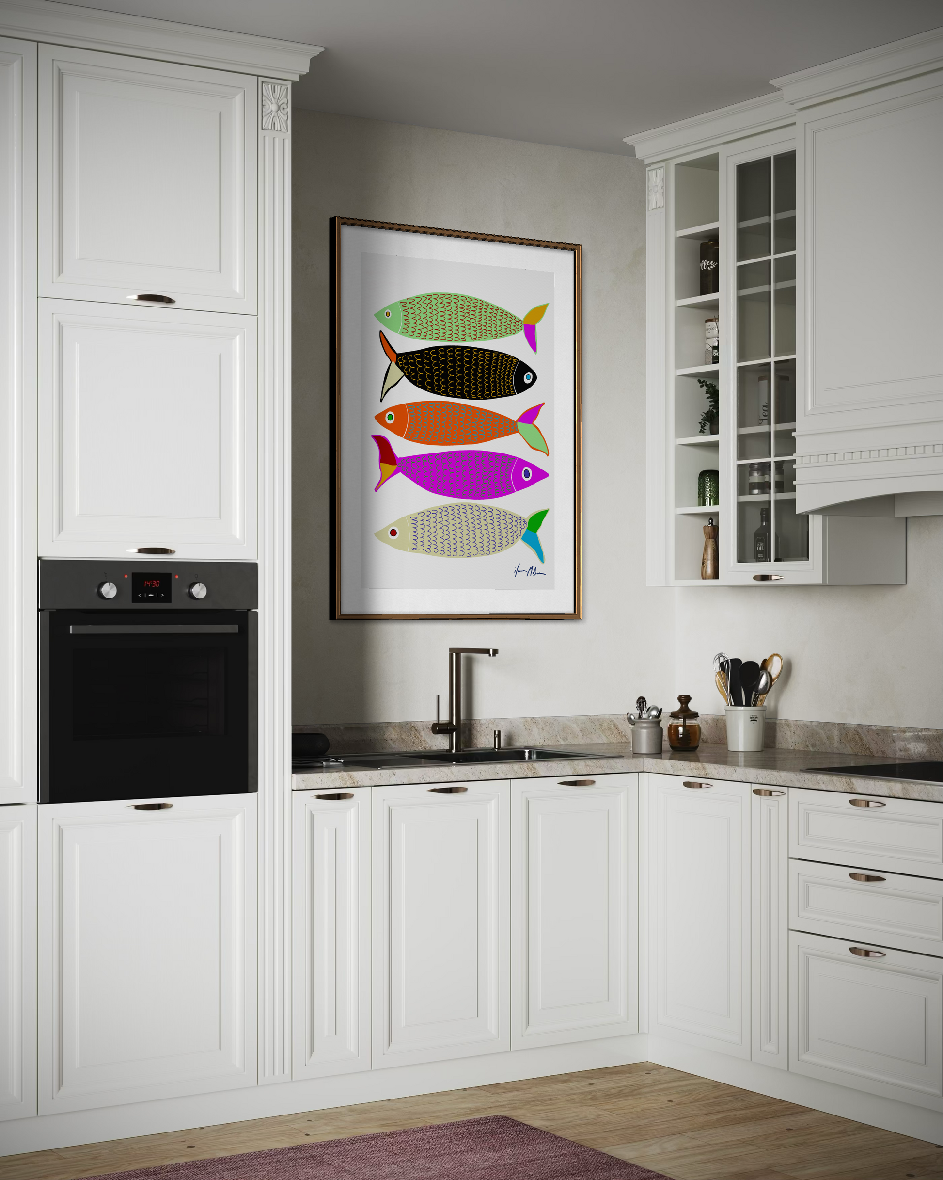 Sardines Chic pop art by Ilana McBain displayed as colourful kitchen wall art in contemporary interior.”