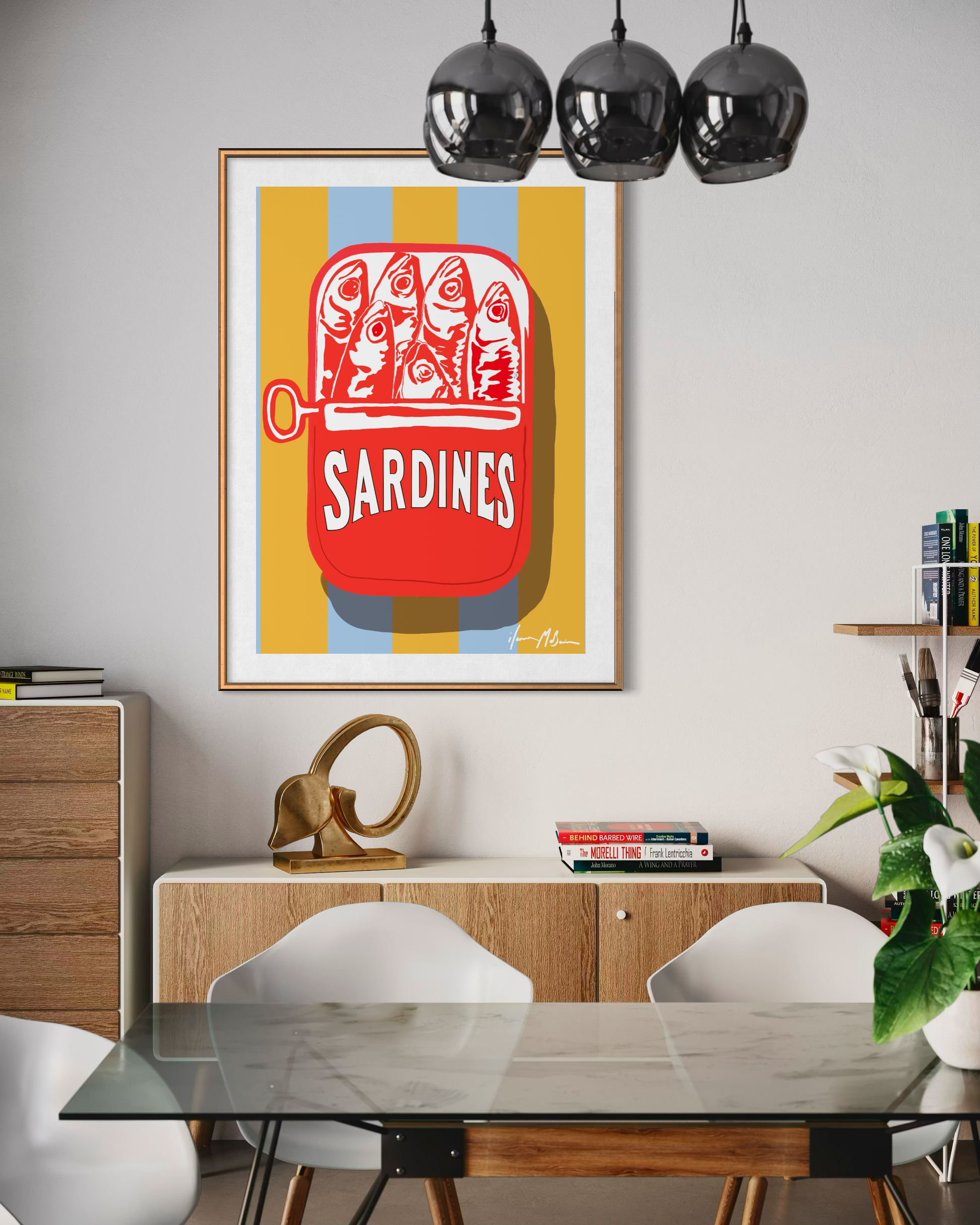 Contemporary pop art sardine can artwork “Sardines” by artist Ilana McBain displayed in a modern dining room interior with blue and yellow striped background.