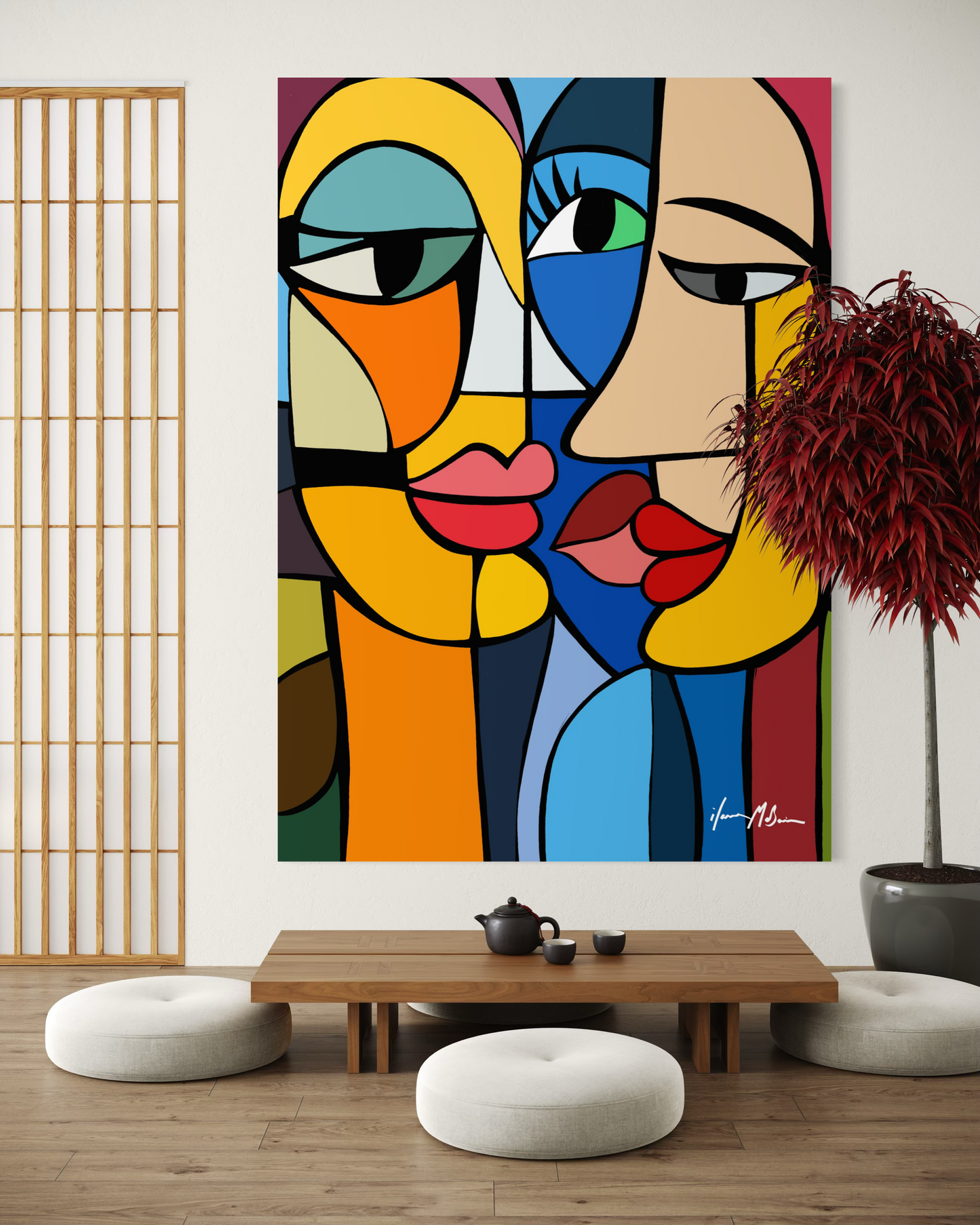 Shared Silences contemporary abstract faces painting by Ilana McBain from the Forms of Connections series, vibrant geometric pop art portrait displayed as large statement artwork in a serene Japanese-inspired minimalist interior.
