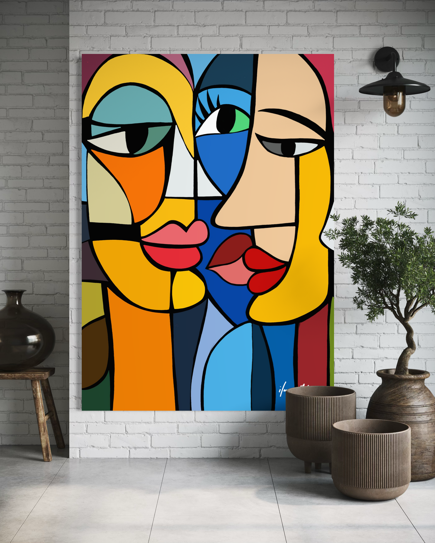 Shared Silences contemporary abstract faces painting by Ilana McBain from the Forms of Connections series, colourful geometric pop art portrait displayed as large statement wall art against a white brick wall in a modern interior.