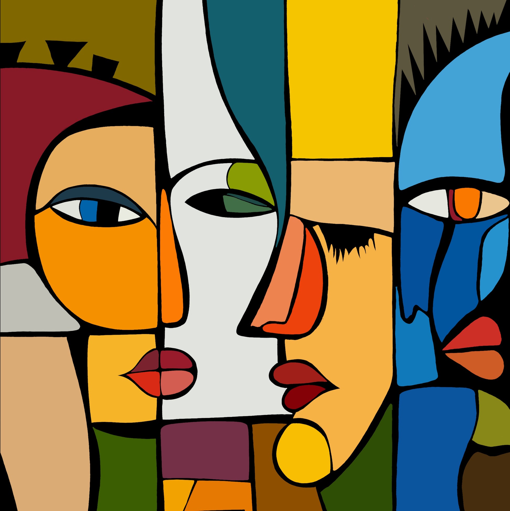 Split Yet Whole by Ilana McBain, contemporary figurative artwork of fragmented faces in bold geometric colour fields