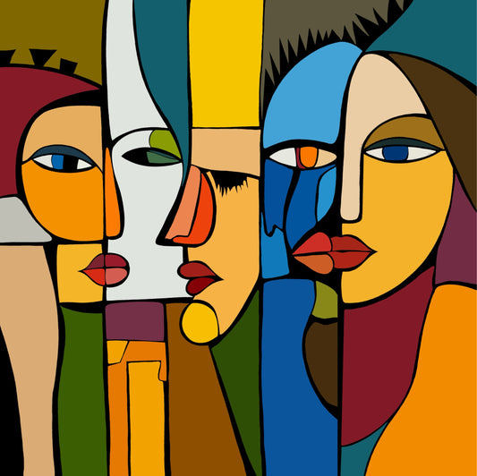 Split Yet Whole by Ilana McBain, contemporary abstract figurative art featuring expressive faces in bold blue, orange, yellow, green and burgundy.