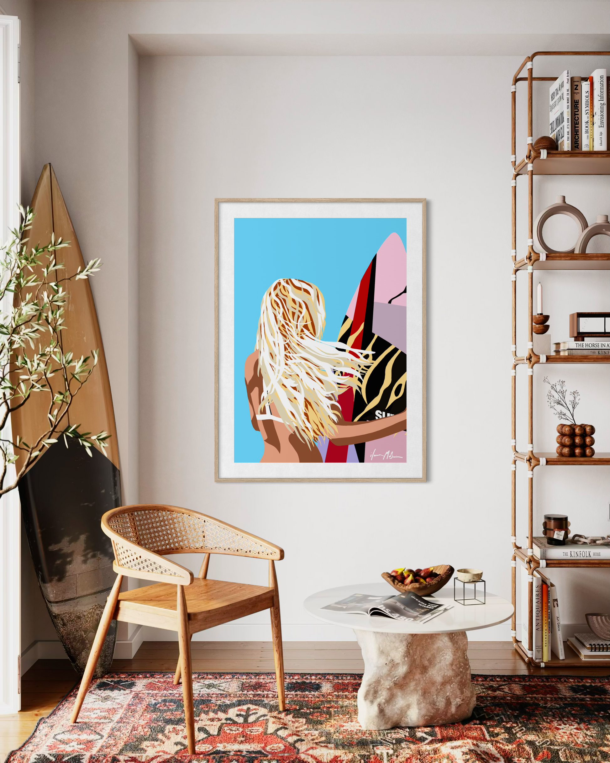 Contemporary beach house artwork by Australian artist Ilana McBain featuring a surfer girl with flowing hair holding a surfboard displayed as framed coastal wall art.