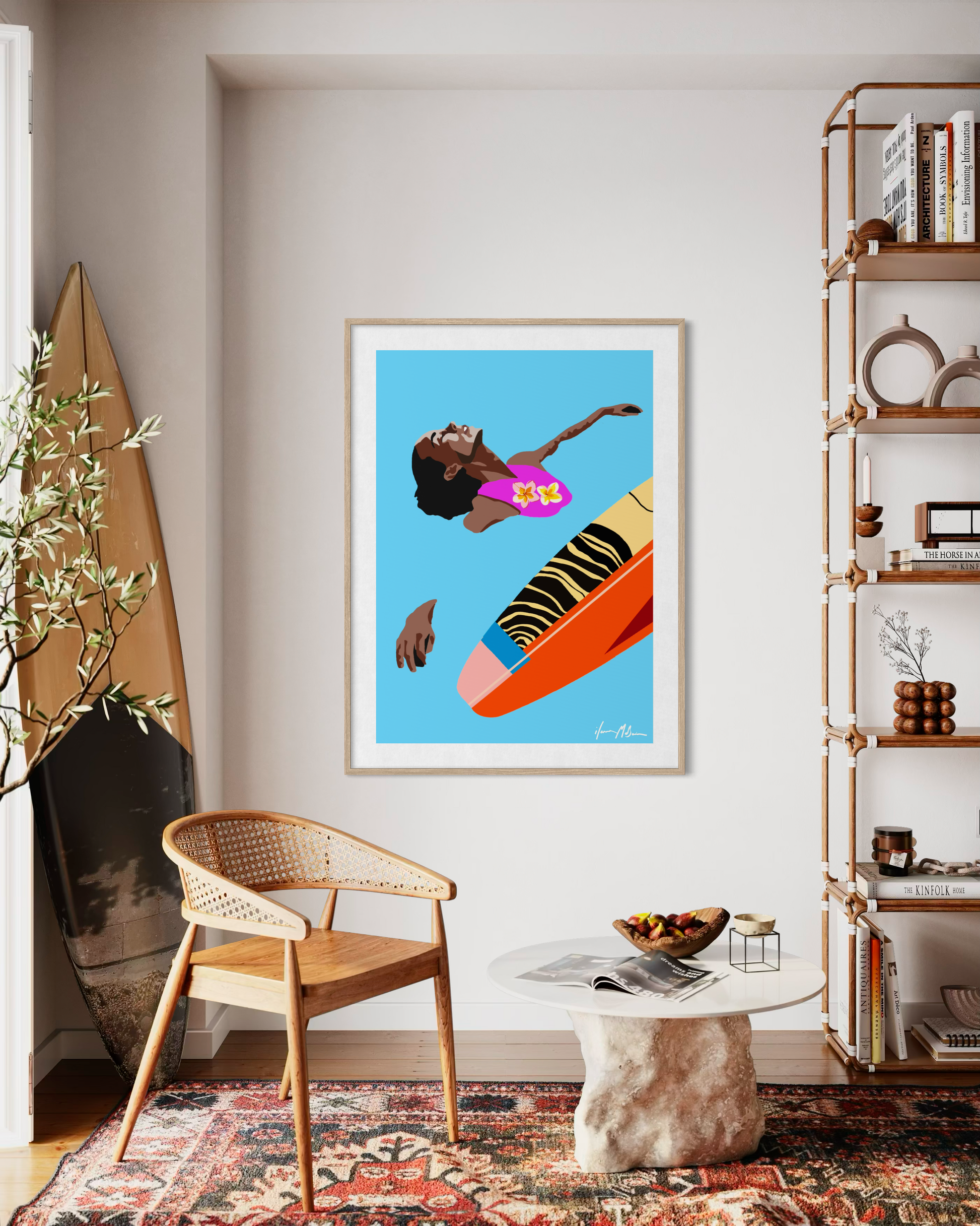 Coastal surfboard artwork by Australian artist Ilana McBain featuring a surfer girl floating beside a surfboard displayed as framed beach house wall art.