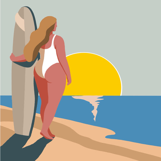 Thank You Ocean by Ilana McBain, contemporary surf artwork of a woman standing with a surfboard at sunset by the sea