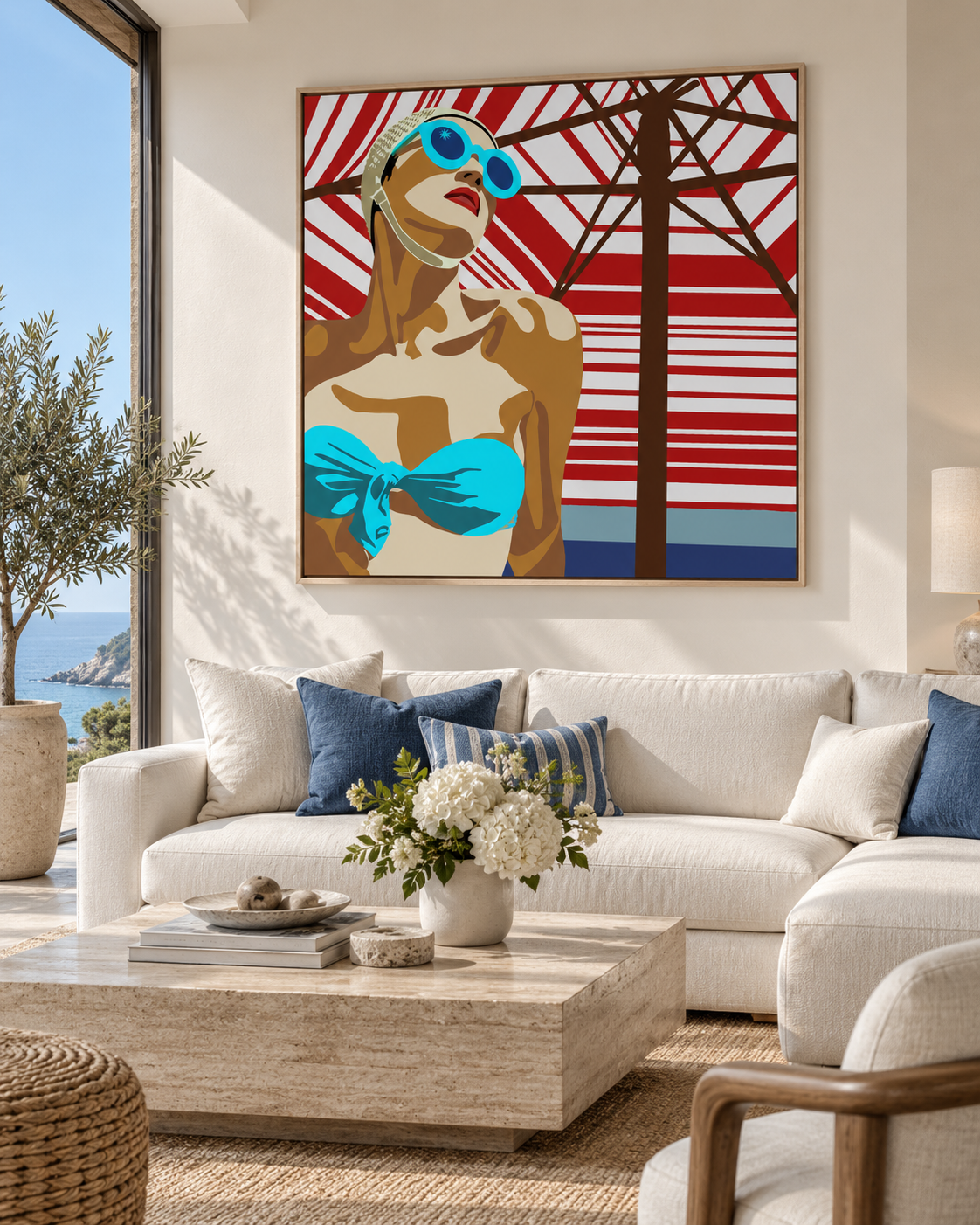 The 1950s Heatwave by Ilana McBain displayed in a bright contemporary coastal living room with neutral furnishings and ocean views.